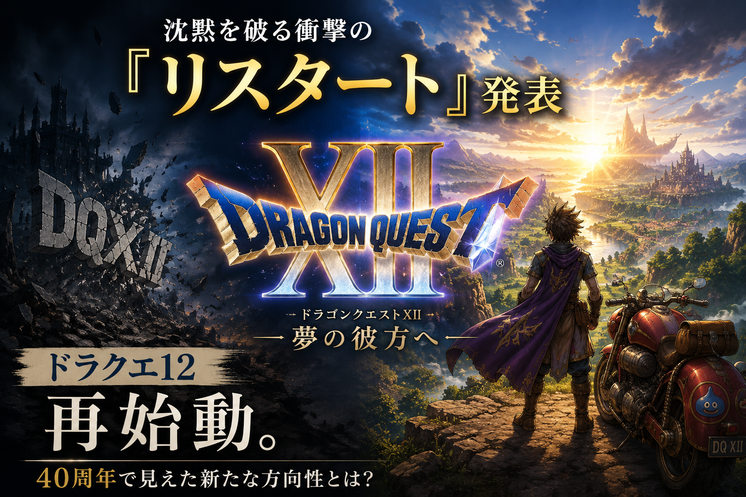 ドラクエ12のリスタート発表をイメージしたアイキャッチ画像。暗い世界と光差す新世界、勇者とバイク風メカが描かれている。